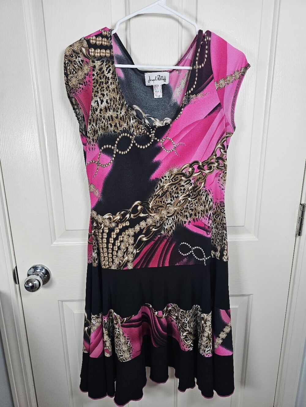 Joseph Ribkoff Vtg Sheath Dress Cap Sleeve Chain Animal Print Pink Gold Size 8